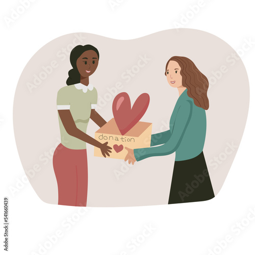 Young woman give box with heart donation to lady. Charity vector flat illustration