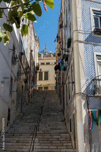 High steep step stairs on Lisbon street in Mouraria district