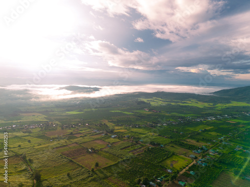 Aerial view of Bien Ho Che or Bien Ho tea fields, Gia Lai province, Vietnam. Workers of the tea farm are harvesting tea leaves in the early morning.