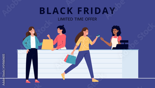 Promo sale banner for Black friday. Shopping, Clothing store, Gifts, Supermarket, Sale concept. Friendly vendors behind the counter and happy women with are shopping in the store. 
