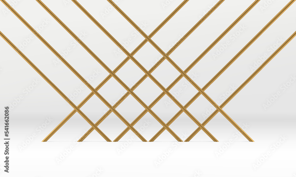 Showcase display crossed golden grid metallic rod white 3d background product advertising vector Showcase display crossed golden grid metallic rod white 3d background product advertising vector