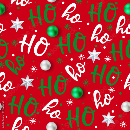 Ho-ho-ho, Santa Claus laughs. Seamless texture for Christmas design. Vector red background with handwritten words and green Christmas balls.

