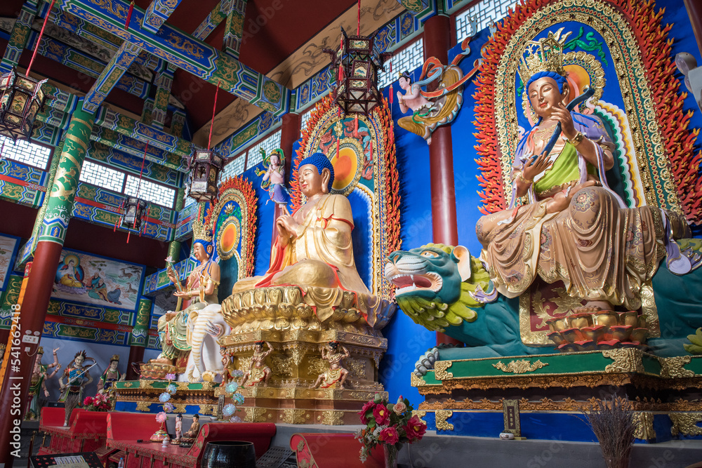 Buddha Sakyamuni statue and Buddhist deities in temple