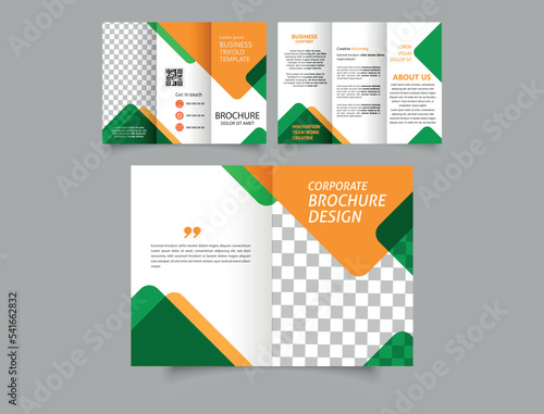 Yellow green trifold brochure with triangles. Bifold brochure with yellow and green triangles. Book cover design. Flyer for printing. Catalog Vector