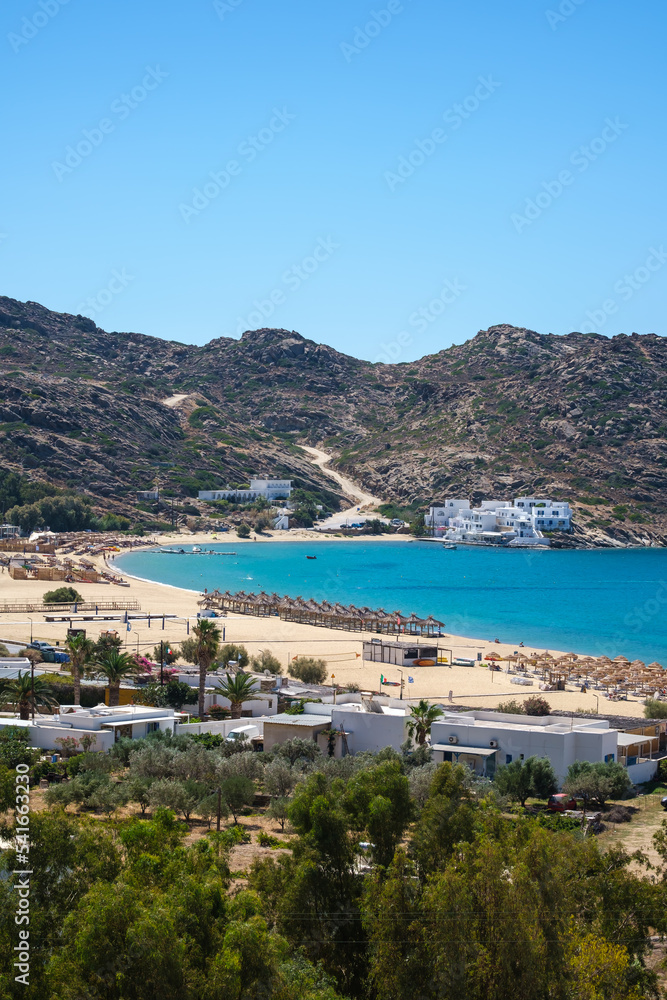 Breathtaking panoramic view of the famous Mylopotas beach in Ios Greece