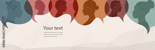 Speech bubble.Silhouette heads diverse people in profile.Talking dialogue and inform.Communicate between a group of multicultural people who talk. Diversity people. Social network concept