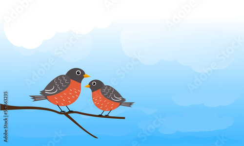 American robin birds on blue sky background vector illustration.