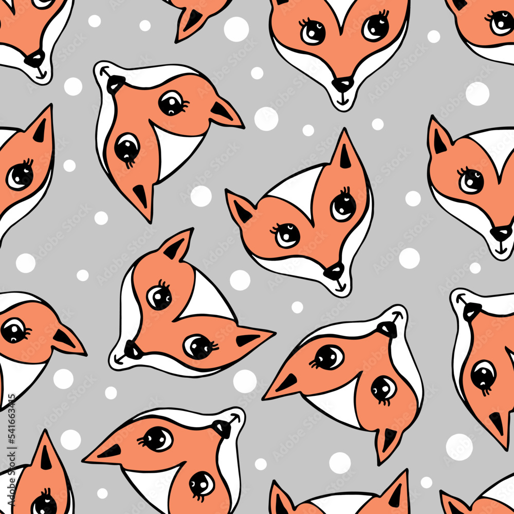 Fototapeta premium Cute fox heads seamless pattern, hand drawn fox face on beige background with dots vector illustration