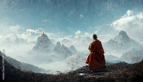 Buddhist monk in meditation, background on high mountain