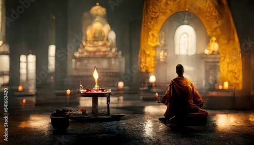 Buddhist monk in meditation  praying at temple background