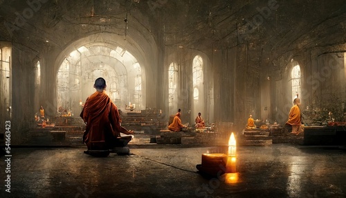 Buddhist monk in meditation, praying at temple background