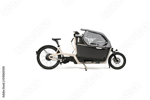 Efficient black cargo bike against white background