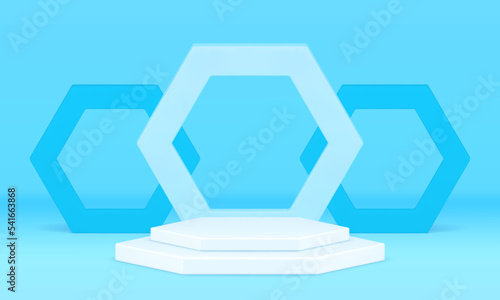Hexagonal blue pedestal stage stairs geometric 3d decor element base foundation realistic vector
