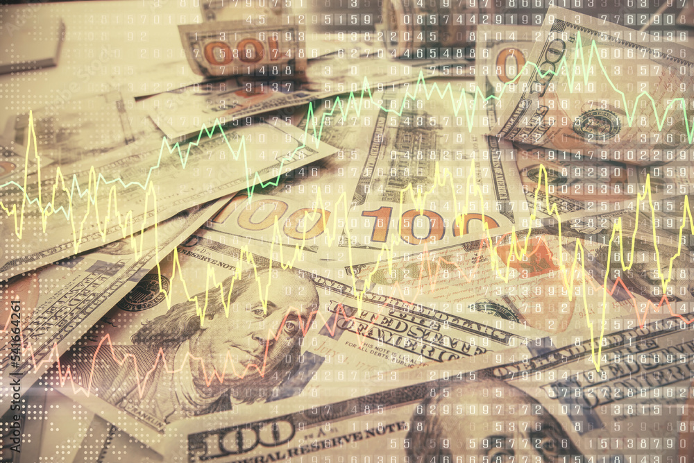 Multi exposure of forex chart drawing over us dollars bill background. Concept of financial success markets.