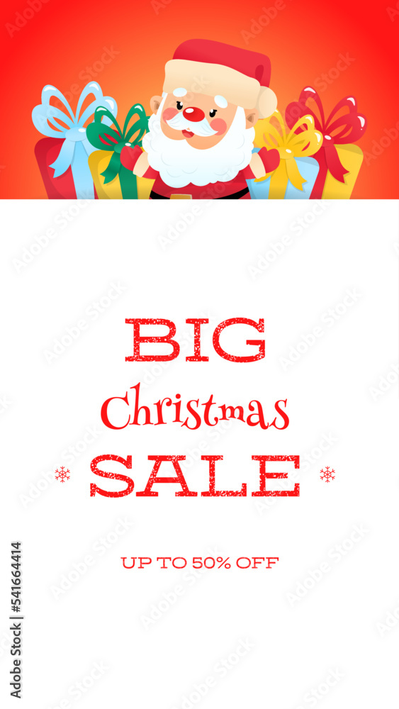 Naklejka premium Big Christmas Sale banner vector template. Illustration of a cute Santa Claus and colorful gift boxes. Backdrop for web, social networks and stories. 