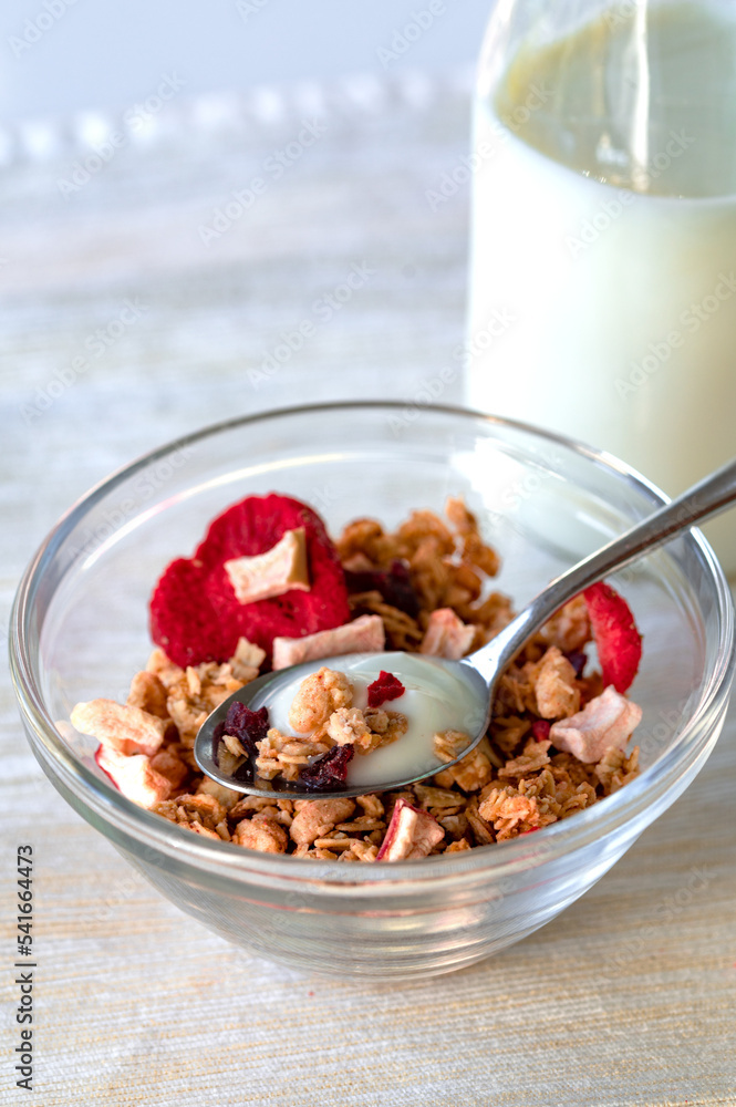 Müsli Cerealien mit Trockenfrüchten Joghurt und Milch Müsli Cerealien mit Trockenfrüchten Joghurt und Milch