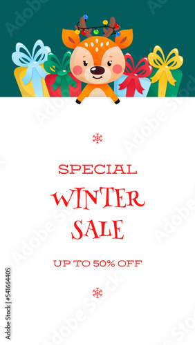 Special Winter Sale banner vector template. Illustration of a cute little deer and colorful gift boxes. Backdrop for web, social networks and stories. 
 photo