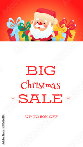 Big Christmas Sale banner vector template. Illustration of a cute Santa Claus and colorful gift boxes. Backdrop for web, social networks and stories. 