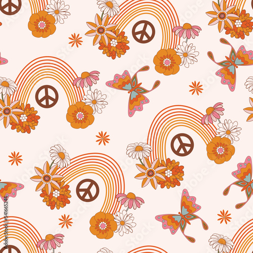 Retro 1970 Groovy Flowers,Seamless Pattern Hand-Drawn Vector Illustration. Seventies Style, Groovy Peace