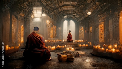 Buddhist monk in meditation, praying at temple background