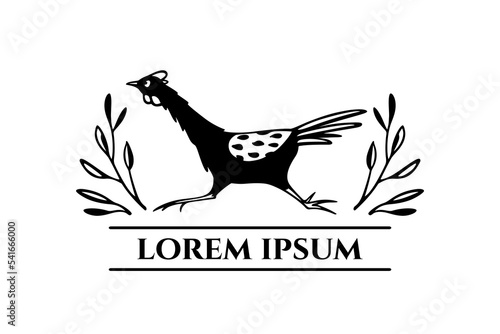 Vector card with hand drawn cute funny running chicken in floral laurel. Beautiful ink drawing, heavy contour, graphic style. Perfect elements for food or farming logo design.