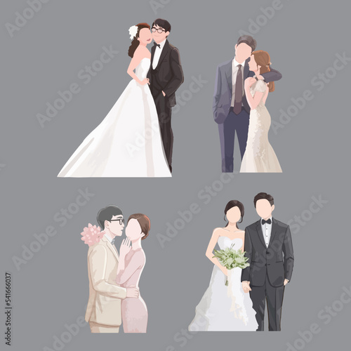 Set of hand drawn Bride and Groom watercolor vector illustration