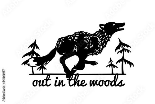 Vector card with hand drawn happy gray wolf running in the woods. Ink drawing, graphic style. Beautiful design elements, logo template