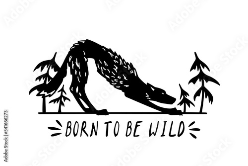 Vector card with hand drawn cute skinny stretching wolf on woody background. Ink drawing, graphic style. Beautiful design elements, logo template