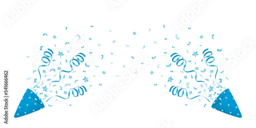 Exploding blue popper with confetti. Gender reveal, baby shower. 