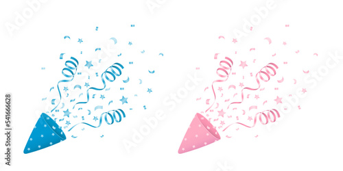Exploding blue and pink popper with confetti. Gender reveal, baby shower. 