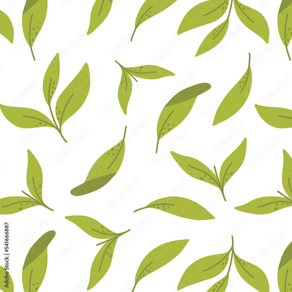 Seamless pattern with green tea leaves. Vector illustration. Pattern with matcha green tea.