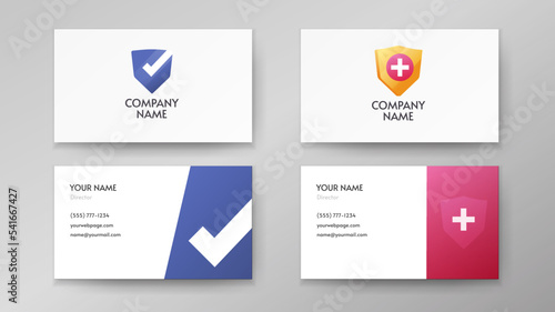 Shield medical 3d logo icon, flat insurance safety guard protection logotype, business visiting card template design, medicine hospital healthcare protection graphic, security service strong solution