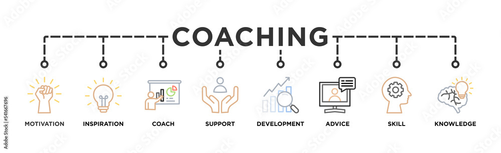 Coaching banner web icon for coaching and success, motivation, inspiration, teaching, coach, learning, knowledge, support and advice. Minimal vector infographic. Coaching banner web icon for coaching and success, motivation, inspiration, teaching, coach, learning, knowledge, support and advice. Minimal vector infographic.
