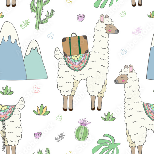 seamless pattern with cute llama, mountains and cacti - vector illustration, eps