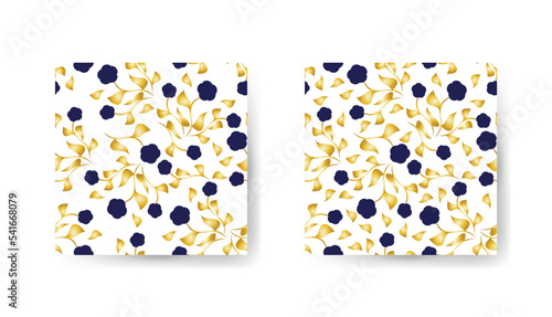 set of seamless patterns of images of silhouettes of flowers in blue and gold colors