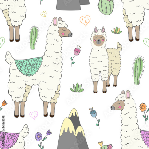 seamless pattern with cute llama, mountains and cacti - vector illustration, eps