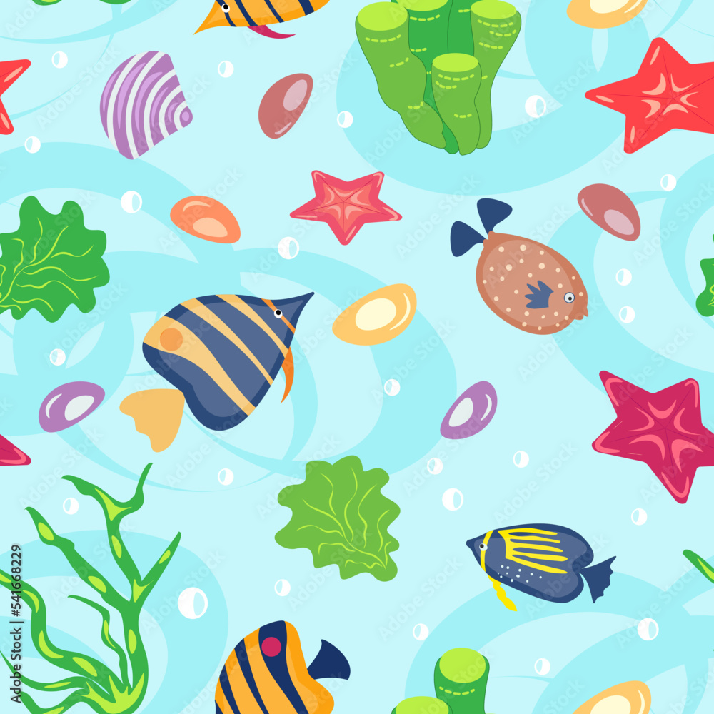 seamless pattern with cute fish, starfish and seaweed on a blue background - vector illustration, eps seamless pattern with cute fish, starfish and seaweed on a blue background - vector illustration, eps
