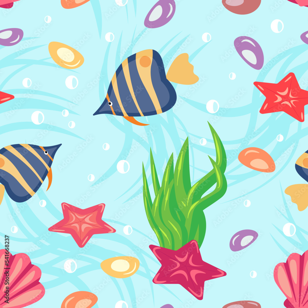 seamless pattern with cute fish, starfish and seaweed on a blue background - vector illustration, eps