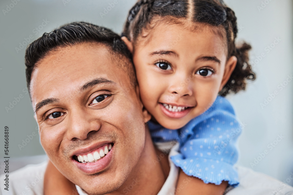 Family, girl and father in portrait with child having fun, hugging and bonding with dad at home on a weekend. Smile, Guadalajara and man smiling with a young kid or baby enjoys quality time in Mexico