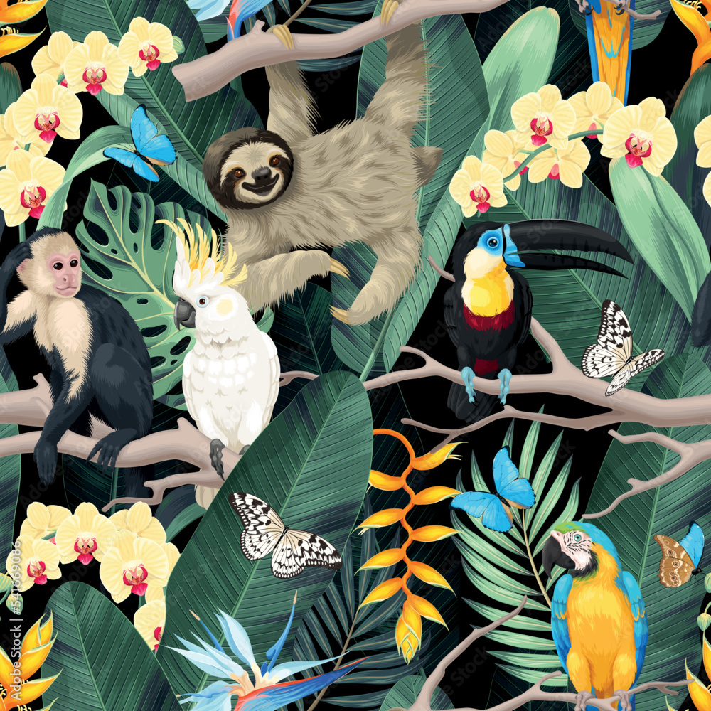 Seamless pattern with exotic flowers and animals