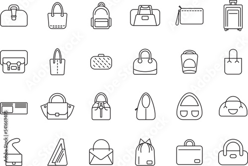Different bags of various shapes, icon set. linear icons. Line with editable stroke