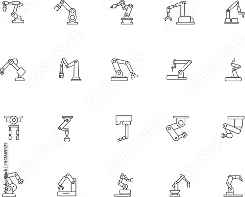 Mechanical hydraulic robotic arm for manufacturing, linear icons. Line with editable stroke