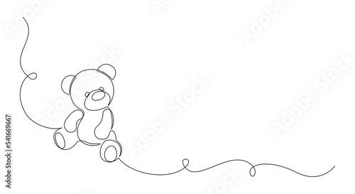 One continuous line drawing of Teddy bear. Soft toy symbol of friendships childrens in simple linear style. Concept for birthday gift and greeting card in editable stroke. Doodle vector illustration