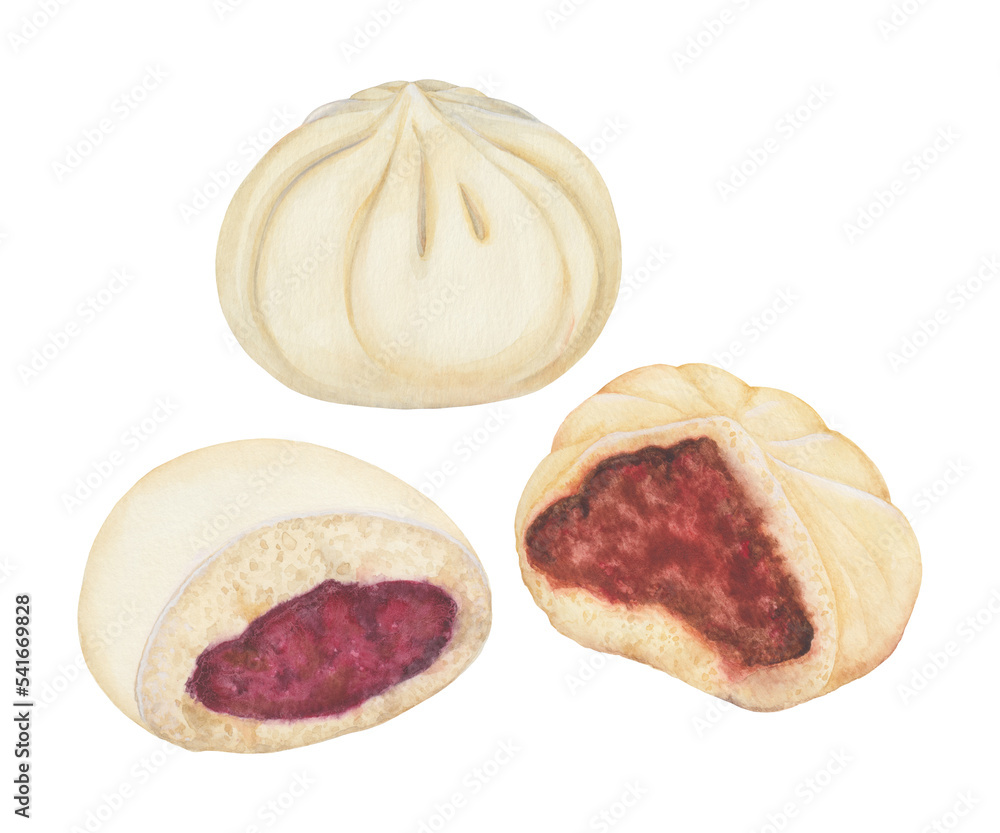 Watercolor Steamed Buns stuffed with Sweet Red Beans or pork meat Illustration. Clipart fluffy steamed buns filled with red beans paste, steamed pork bun. Asian street food. Traditional asian snack
