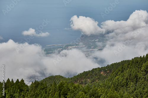 Seas of clouds, lava flows, the Teide of Tenerife in the background and many more spectacular landscapes on the route of the volcanoes (Cumbre Vieja) on the island of La Palma. Canary Islands. Spain