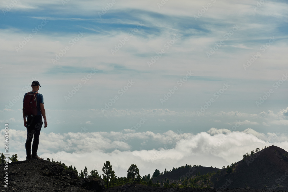 Seas of clouds, lava flows, the Teide of Tenerife in the background and many more spectacular landscapes on the route of the volcanoes (Cumbre Vieja) on the island of La Palma. Canary Islands. Spain
