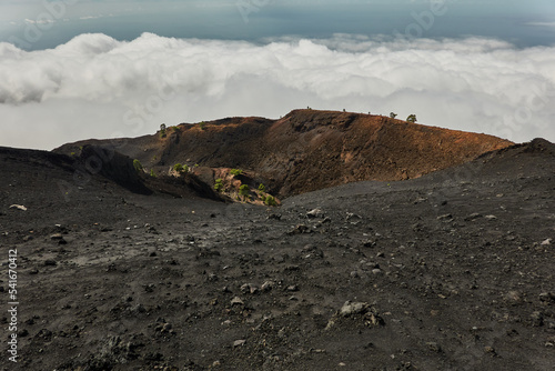 Seas of clouds, lava flows, the Teide of Tenerife in the background and many more spectacular landscapes on the route of the volcanoes (Cumbre Vieja) on the island of La Palma. Canary Islands. Spain