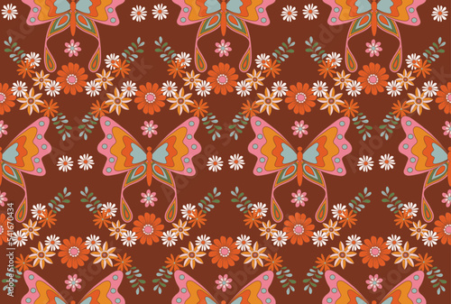 Retro 1970 Groovy Flowers,Seamless Pattern Hand-Drawn Vector Illustration. Seventies Style, Groovy Peace