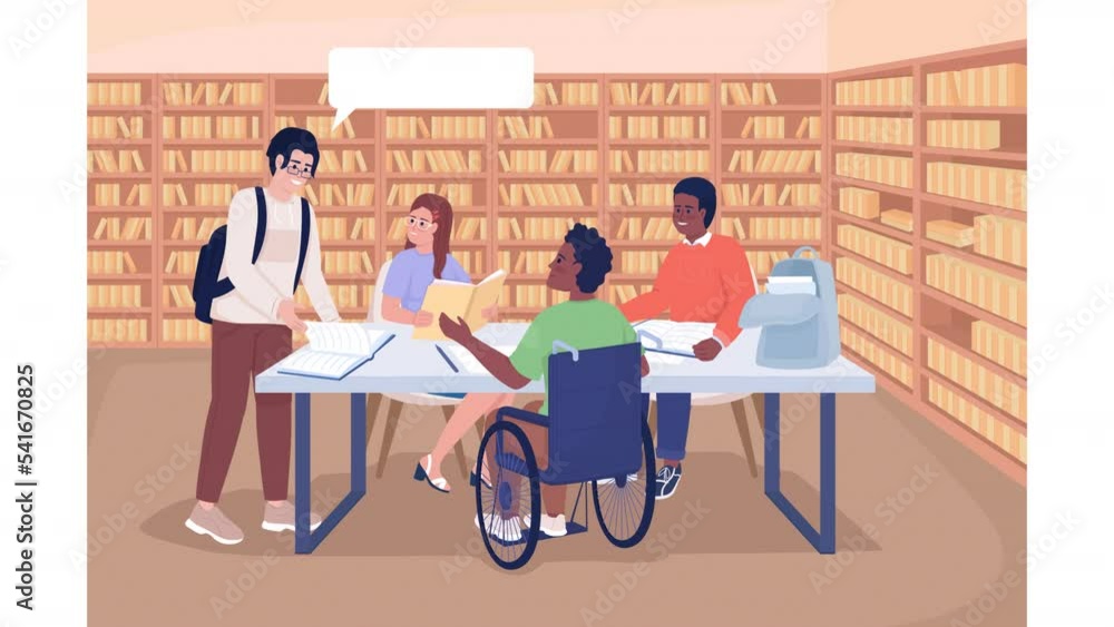 Animated group project illustration. Studying at library with friends ...