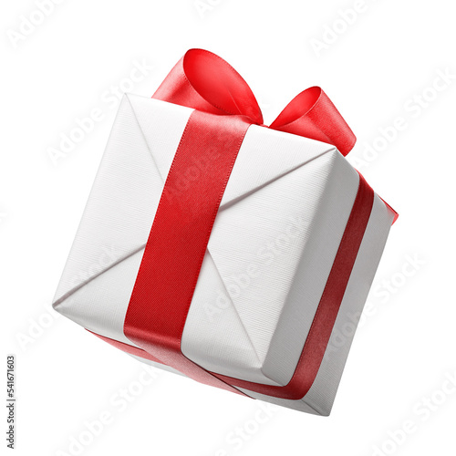 White gift box with red bow	